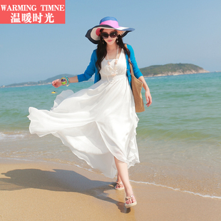新款波西米亚雪纺v领白色拖地沙滩长裙海边度假夏超大摆连衣裙子
