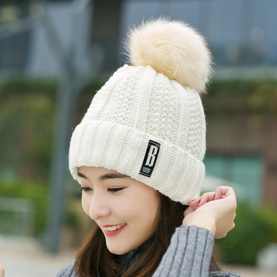 2016新款帽子女秋冬季针织毛线帽韩版保暖加绒加厚字母B标毛线帽