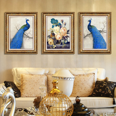 欧式美式沙发背景墙餐厅卧室玄关客厅装饰画壁画挂画三联 蓝孔雀