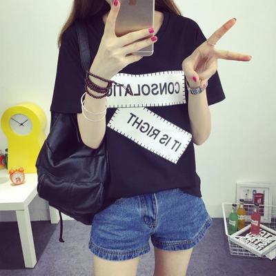 夏季韩版宽松大码字母印花学生短袖T恤女潮学院风姐妹装半袖上衣