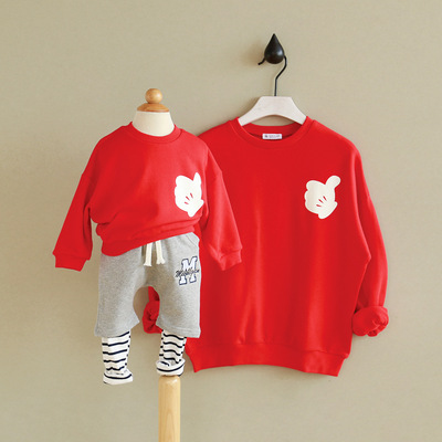 韩国红色米奇加绒亲子装2016韩版秋装新款母子母女装中小童卫衣