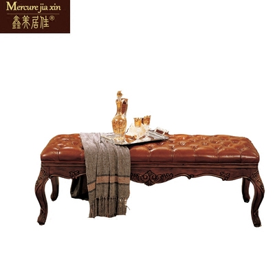 美式真皮床尾凳实木雕花欧式皮艺换鞋凳卧室床边凳简约搁脚沙发凳