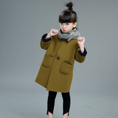 2016年冬季儿童呢子衣 韩版女童中大童长袖纯色加绒大衣毛呢外套