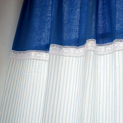高档地中海蓝色麻棉细条纹拼接布艺定制环保客厅书房高档窗帘