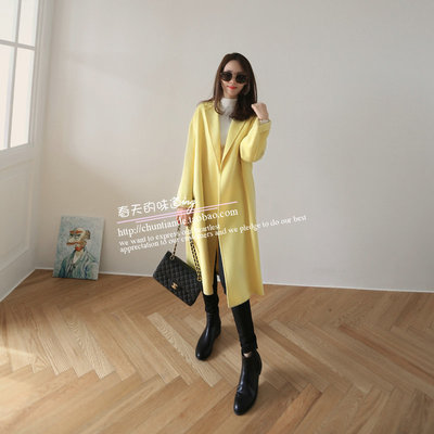 特！韩国进口女装2015秋冬东大门现货代购 亮黄色羊绒过膝大衣