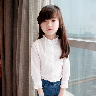 2016金童城堡韩版女童荷叶领纯棉衬衣 休闲长袖儿童白衬衫内搭