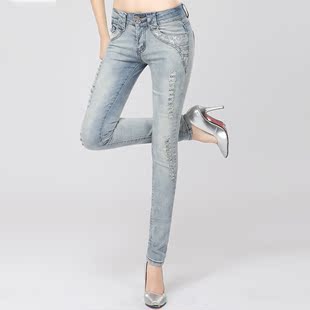 韩版时尚秋季女士长裤修身铅笔裤性感百搭弹力高品质浅色牛仔裤