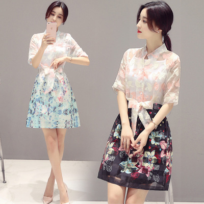 2016夏季新款女装韩版套装裙修身两件套中长款欧根纱印花连衣裙子