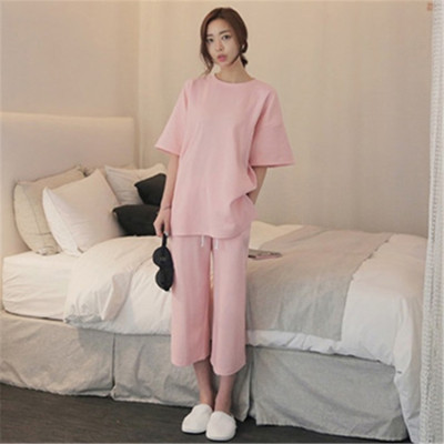春夏季新款韩版爆款纯色粉色中袖女士睡衣家居服套装
