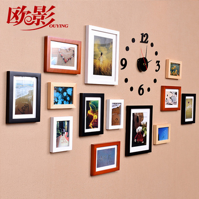 欧影 13框实木质5寸7寸10寸挂墙相框创意组合儿童画框相架带钟表