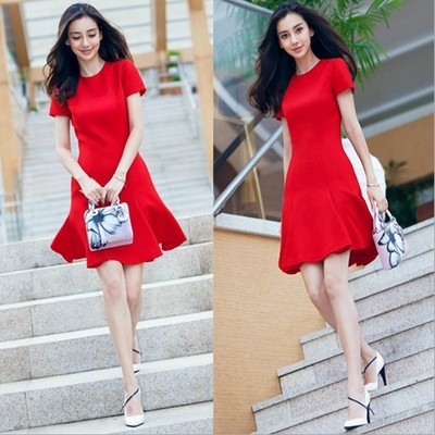 2016夏季新女装 官网潮范韩版明星同款显瘦短袖红色连衣裙连体裙