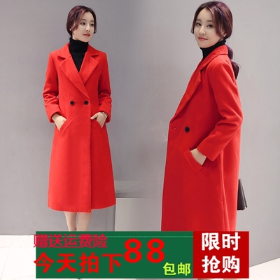 2016西装领红色秋冬新款 韩版时尚修身显瘦过膝双毛呢大衣外套