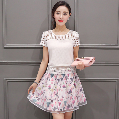2016新款连衣裙套装夏季韩版蕾丝镂空上衣印花欧根纱短裙两件套女