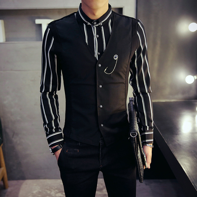 2016新款春季工作服韩版男夜店KTV衬衫马甲两件套衬衫假两件套装