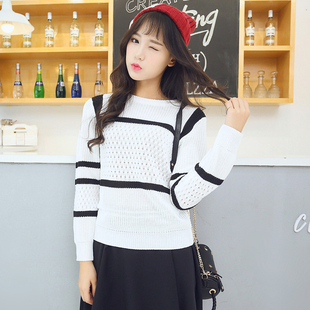 2016秋冬新款韩版黑白条纹撞色毛衣女学生圆领套头针织衫长袖上衣