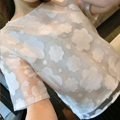 2015夏装新款女装欧根纱宽松显瘦T恤雪纺衫短款蕾丝百搭衬衫上衣