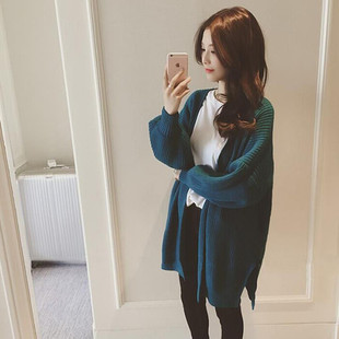 2016秋季韩版新款灯笼袖中长款宽松大码蝙蝠袖针织毛衣开衫外套女