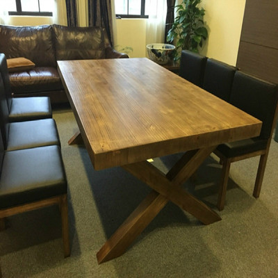 餐桌艺术金属组装松木原木多功能做旧长方形美式乡村6人木桌椅