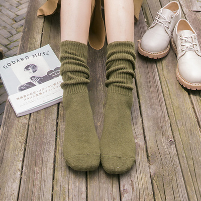 日系袜子女堆堆袜秋冬纯棉时尚中筒袜纯色韩国复古运动女士短靴袜