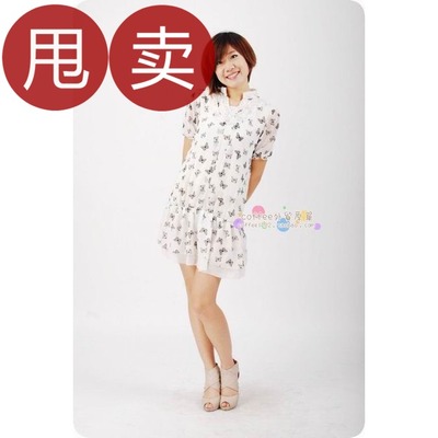 韩国订单 蝴蝶结图案 短袖 韩版修身雪纺连衣裙