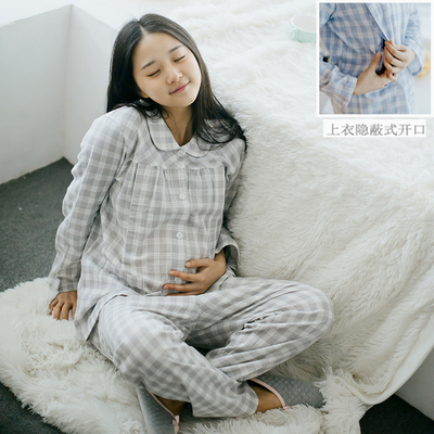 春夏季全棉格子双层纱布月子服 100%纯棉孕妇睡衣长袖产妇哺乳服