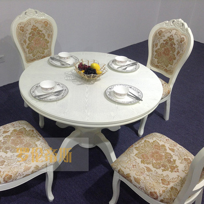 欧式餐桌椅组合 伸缩象牙白田园圆桌餐桌 实木折叠餐桌小户型餐桌