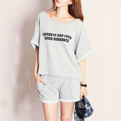 夏季韩版新款女装宽松大码短袖短裤两件套字母休闲运动服胖MM套装