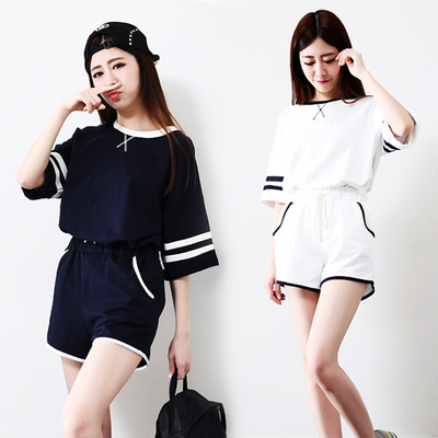 新款韩版女装夏季宽松短袖运动服大码纯色短裤两件套时尚休闲套装