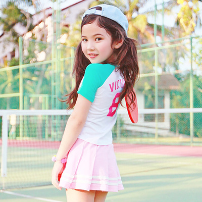 2017夏季新款女童运动短袖套装韩版中大童字母印花裙海边度假套装