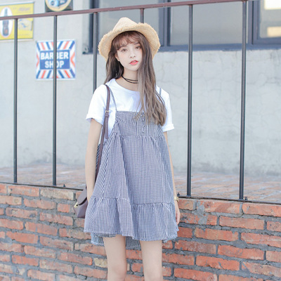 韩国2016夏季新款韩版爆款宽松格子可爱少女百褶吊带连衣裙女装