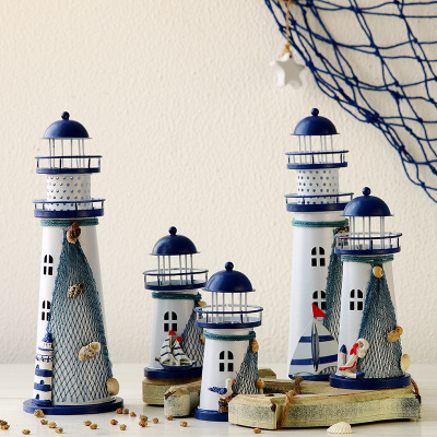 地中海风格灯塔模型贝壳渔网发光摆件家居客厅儿童房装饰品工艺品