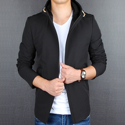男士秋季外套青少年韩版修身短款风衣纯色学生休闲拉链连帽衫上衣