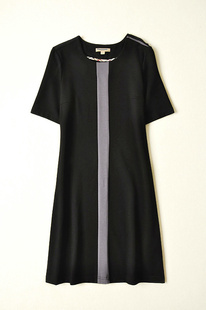 2015最新款简洁优雅撞色圆领直筒修身女士短袖纯棉黑色连衣裙