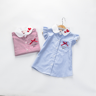 2016夏装新款中小女童纯棉条纹学院风两色爱心短袖立领衬衣