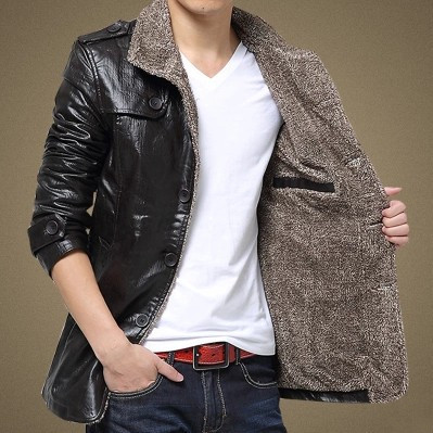 2015冬装新款男士皮衣加绒中长款外套 男韩版修身风衣商务夹克潮