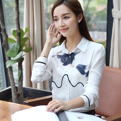 修身新款白色通勤常规韩版开衫单件印花雪纺衫长袖打底衫
