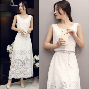 2016夏季新款女装韩版白色中长款修身显瘦蕾丝长裙夏棉麻连衣裙