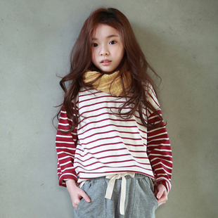 可飞儿2016儿童装秋季新款韩版条纹T恤衫中大女童长袖打底衫上衣