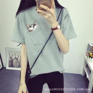 韩版刺绣猫头口袋宽松夏季短袖休闲T恤