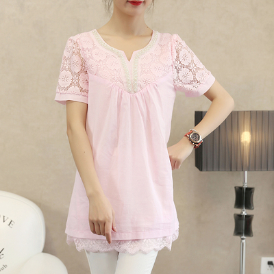 伊·若·拉2015夏新款韩版V领钉珠拼接纯色女衬衫蕾丝镂空短袖T恤