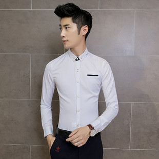 2016年秋装男士长袖衬衫 男韩版时尚修身衬衣男 英伦潮流打底衬衫