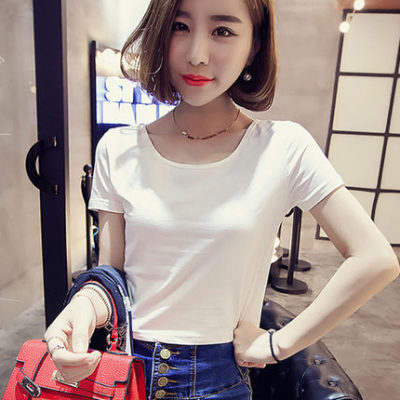 2016新款韩版显瘦修身简约短款圆领纯色短袖t恤上衣女士打底衫
