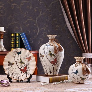 创意美式田园陶瓷花瓶摆盘三件套摆件 客厅酒柜玄关电视柜欧式摆