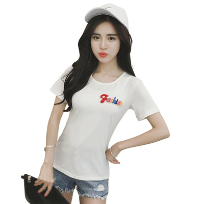 2016春夏装新款女式韩版修身显瘦圆领短袖字母贴布休闲T恤女夏