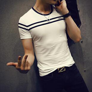 2016夏季韩版潮男士圆领短袖T恤学生修身条纹衫新款半袖一件代发