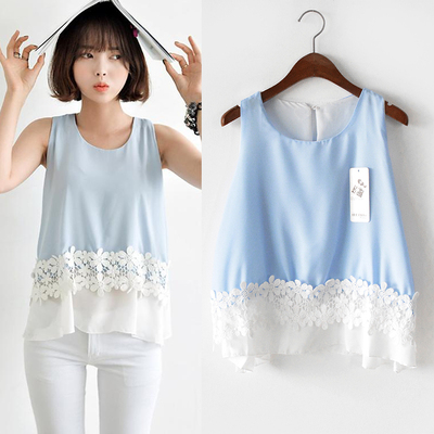 韩版夏季新款时尚甜美小清新蕾丝拼接不规则百搭假两件无袖雪纺衫