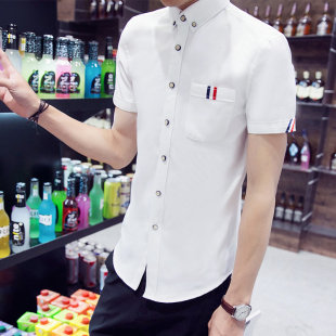 超市男士短袖衬衫韩版修身衬衫青少年学生休闲衬衣男潮