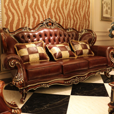 桃花石实木雕花真皮欧式客厅沙发组合高档新古典简欧美式宫廷沙发