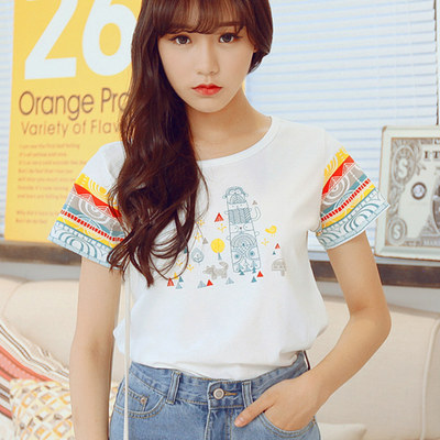 韩版2015夏装新款显瘦打底衫白色字母印花短袖t恤女夏宽松学生潮