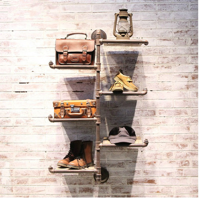 复古铁艺水管置物架配板服装店衣架展示架包包架上墙鞋货架做锈色